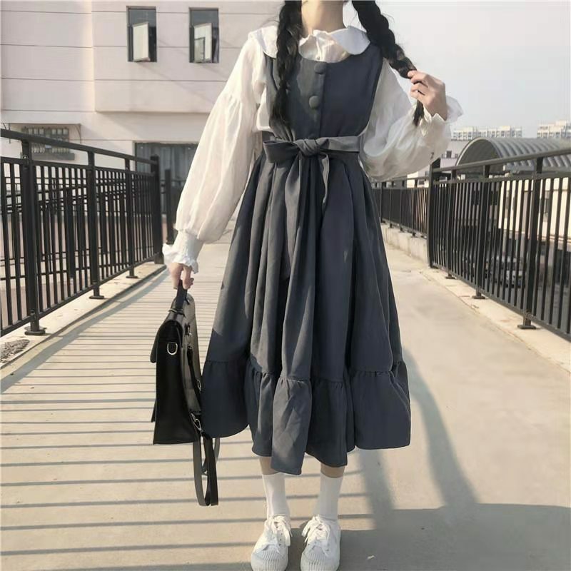 Sweet Lolita Students Lolita Dress Jsk Sling Women Vintage Japanese Black Dark Gray Harajuku Dress Kawaii Cute Clothing 4XL