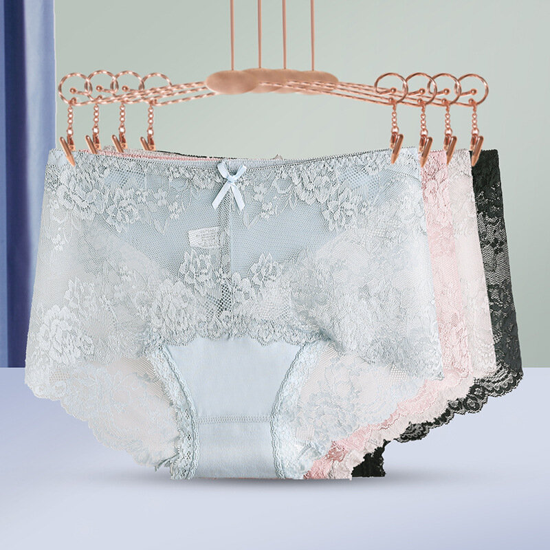Flarixa Women's Sexy Lace Panties Seamless Breathable Mesh Triangle Shorts Antibacterial Crotch Mid Waist Transparent Panties