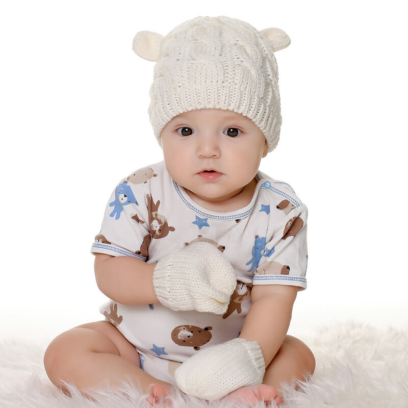 Pasgeboren Comfortabele Warm Breiwol Hoed En Handschoenen Tweedelige Set Leuke Cartoon Oren Infant Cap Baby Hoofddeksels Fotografie Props