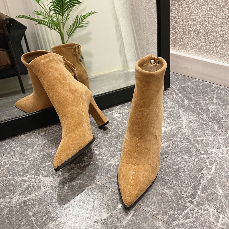 Botas de tacón alto para mujer, zapatos de piel aterciopelada para oficina, vestido de boda, diseñador de moda, 2021