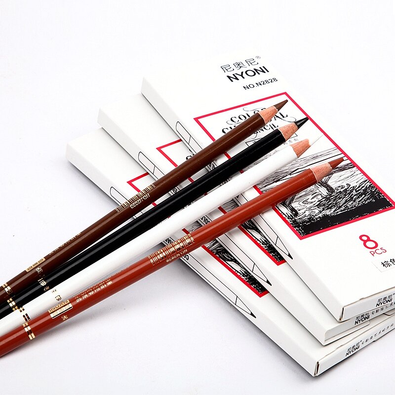 Nyoni-lápis de carbono profissional, 8 peças, carvão colorido, lápis para desenho em branco e marrom, para esboços, material de arte