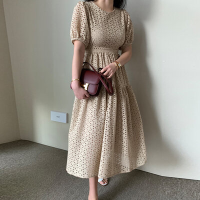 2020 sommer Koreanische Elegante Frauen Lange Kleid Kurzarm O-ansatz Aushöhlen Party Büro Mode Damen Vestidos Kleider Femme