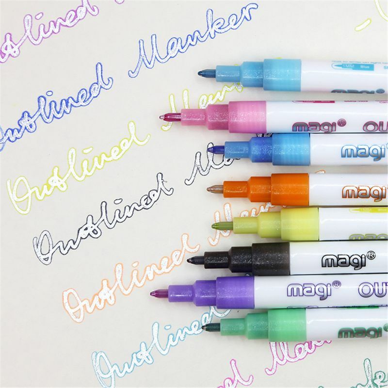 8Pcs Outline เครื่องหมายโลหะคู่ปากกา BuIIet JournaI ปากกาสีถาวร Marker ปากกาสำหรับเด็กผู้ใหญ่สมัครเล่น