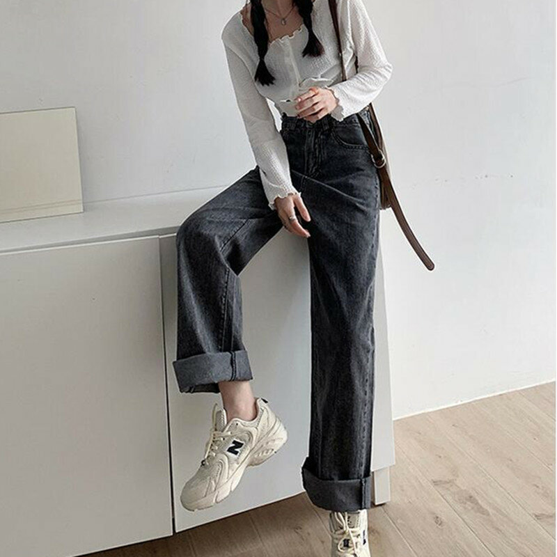 Jeansy damskie jesień 2020 nowy podział proste nogawki luźna, wysoka wyszczuplająca talia damska nóżka stojak spodnie