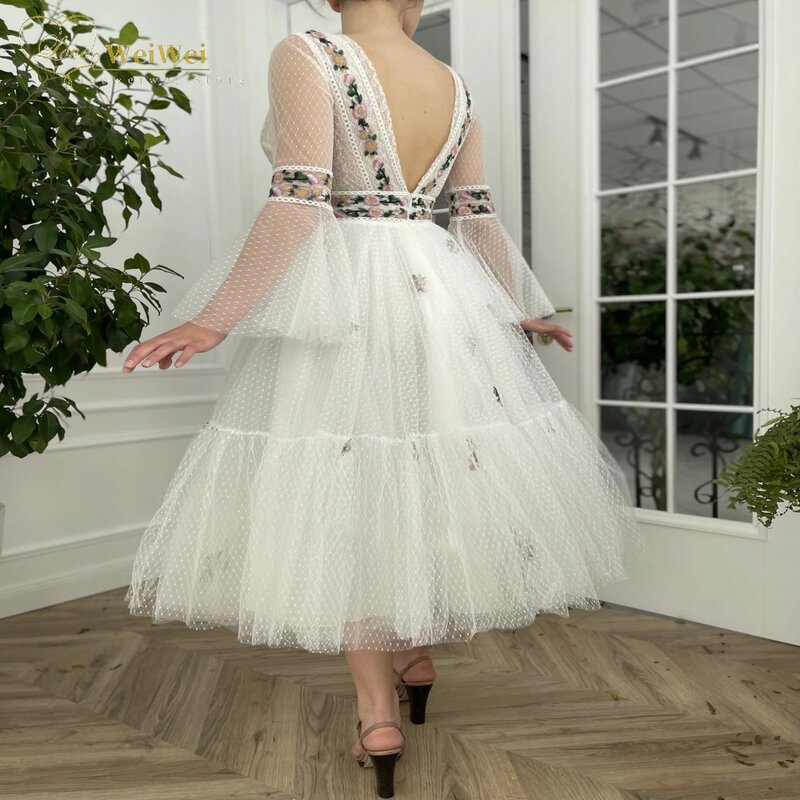 Sexy Deep V-Neck Prom Dresses Tea Length A-Line Long Flare Sleeve Backless Flower Waist Lace Applique Party Gown Robes De Soirée