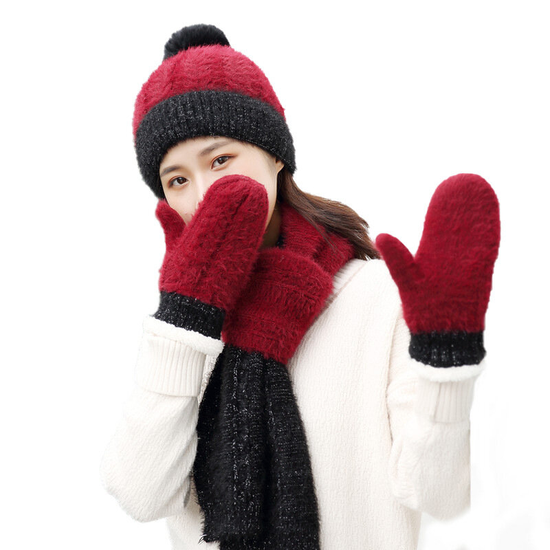 Três peças bonito furball cachecol feminino luvas e chapéu de três peças de malha terno meninas inverno kit de aquecimento ao ar livre