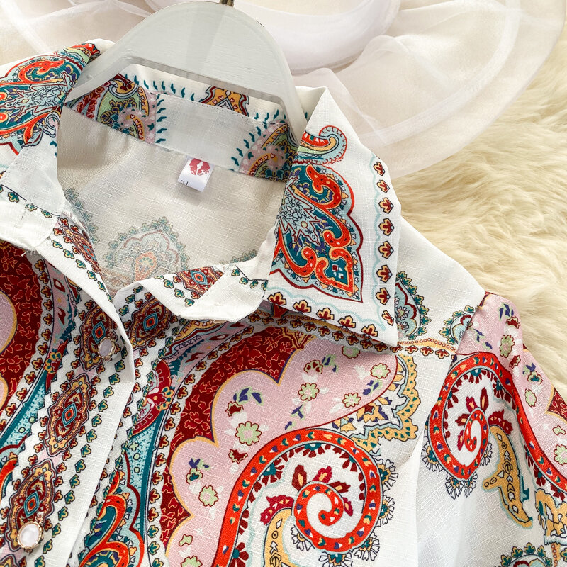 Весенне-осенняя новая однобортная женская рубашка с рукавами-фонариками и принтом в стиле ретро, приталенная блузка, женская модная блуза с...