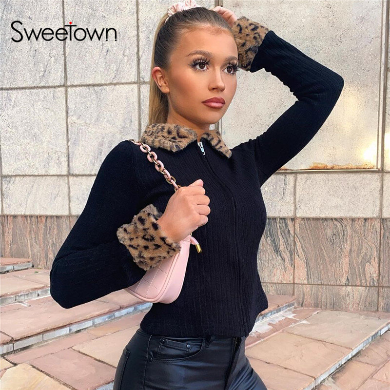 Sweetown Leopard Pelz Trim Kragen Y2K Strickjacke Shirts Frauen Gerippte Stricken 90s Ästhetischen Bluse Zip Up Langarm Herbst outwear