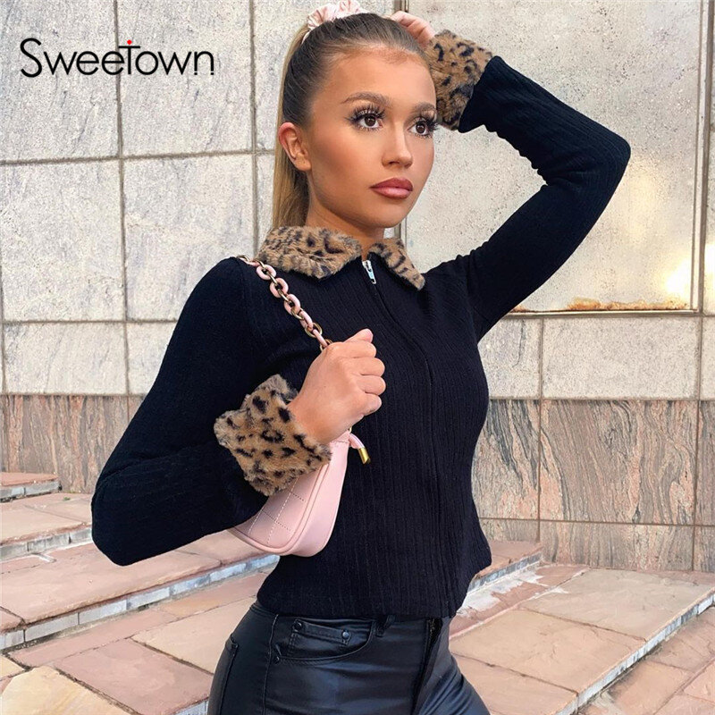 Sweetown Leopard Fur Trim Collar Y2K Cardigan Shirts Women Ribbed Knit 90s Aesthetic Blouse Zip Up Long Sleeve Autumn Outwear