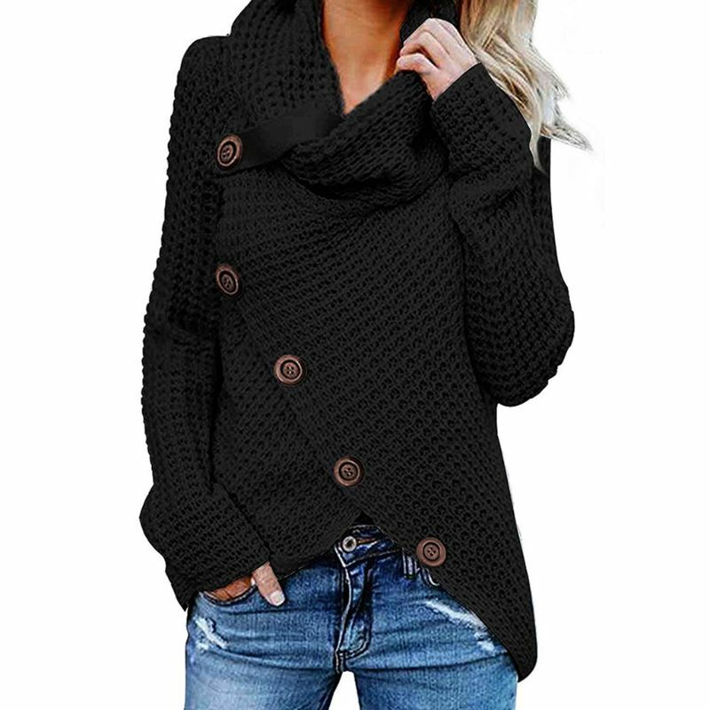 Женский пуловер с длинным рукавом, вязаный свитшот свободного покроя с косыми пуговицами и асимметричным подолом