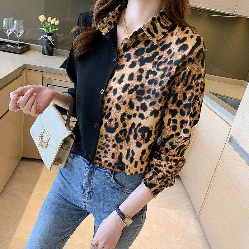 Женская рубашка с леопардовым принтом, шифоновая простроченная рубашка с длинным рукавом, простой женский шифоновый топ, Новинка осени 2021, ...