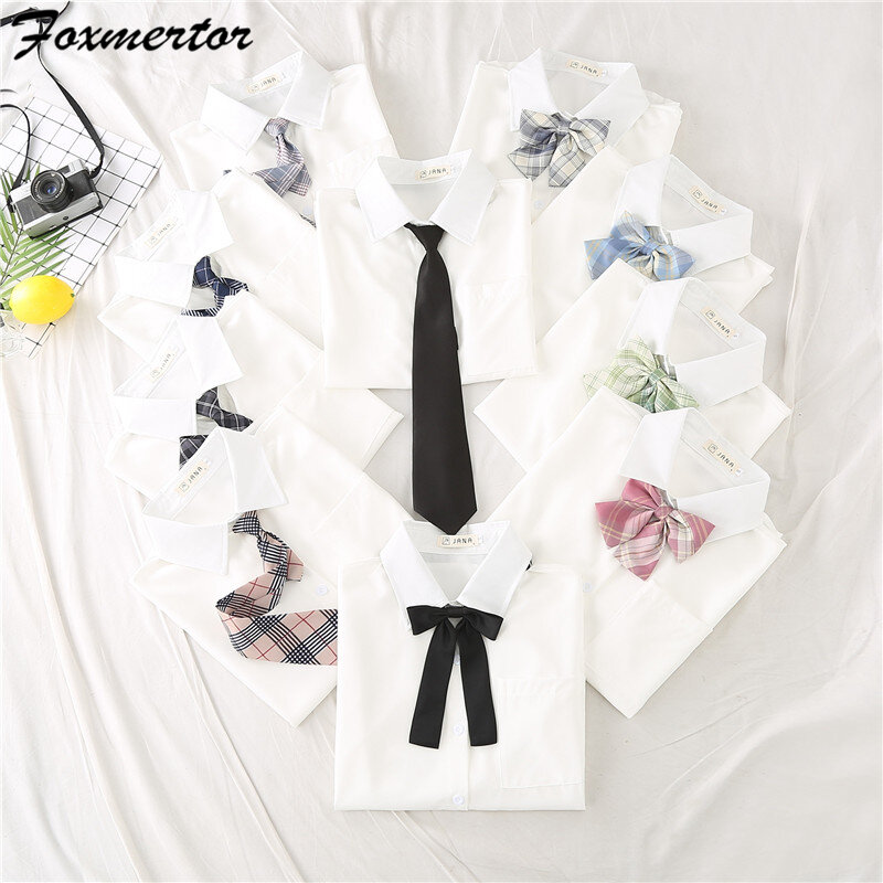Women Summer Blouses Shirt Short Sleeve Solid White Tops With Tie Bow Japanese Korean JK Style Female Shirts Lapel Blusas #38