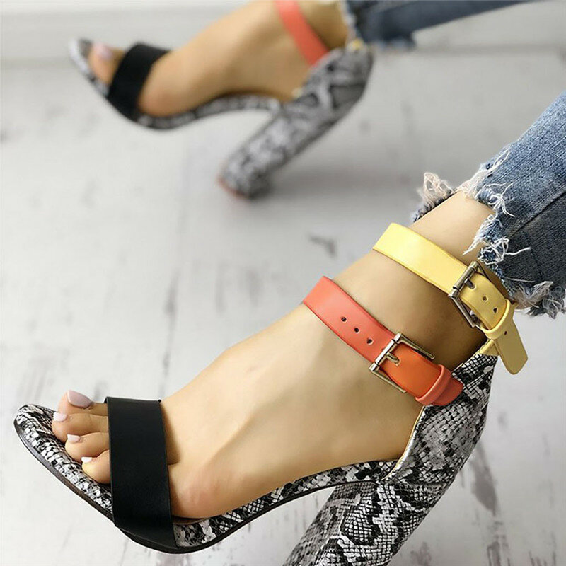 Женские сандалии на высоком каблуке, повседневные туфли со змеиным плетением и пряжкой, разные цвета, размеры 35-43, 2020