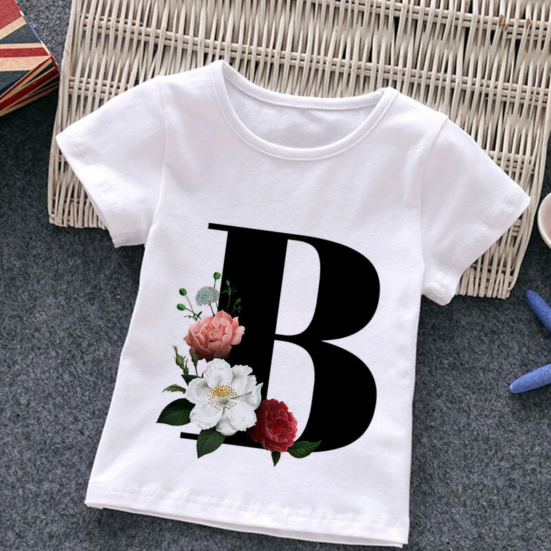 Verão novo unisex camiseta moda alfabeto meninas tshirts harajuku retro menino tshirt flores elemento agradável em torno do pescoço crianças tshirt