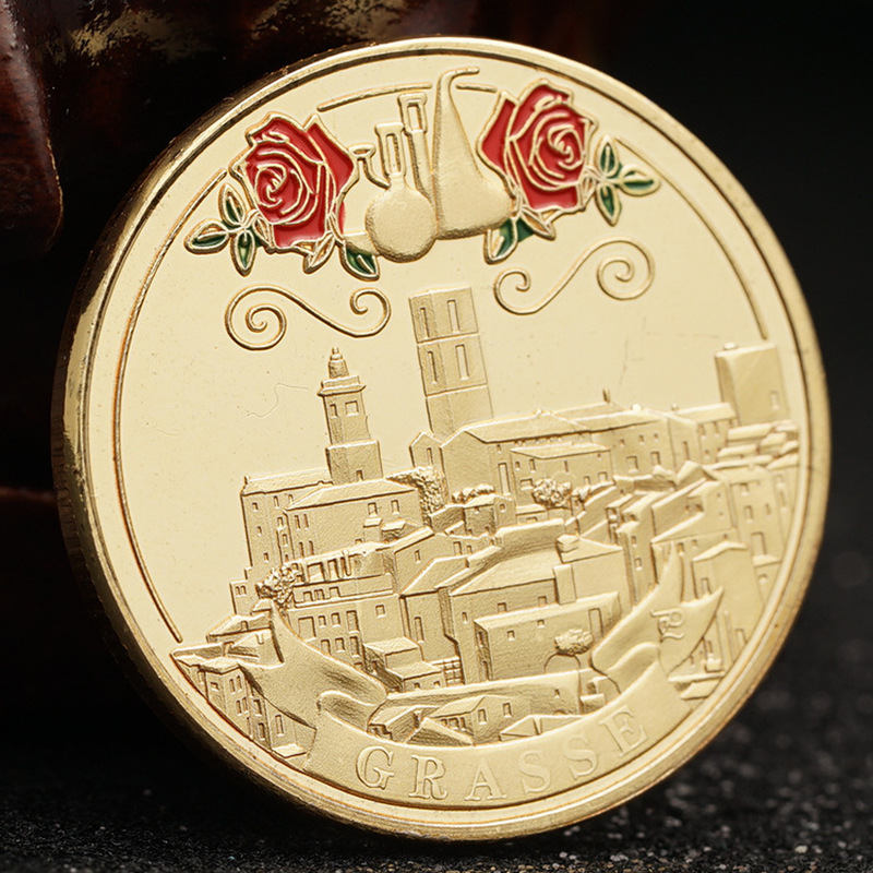 32MM French Perfume Capital Glass Coin Coin Gold Plated Red Painted Miniature Relief Gold Coins Collectibles