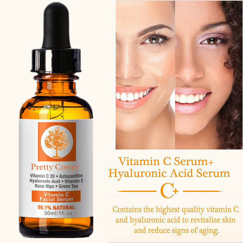 30ml vitamina c soro facial clareamento brilho hidratante melhorar a aspereza clarear manchas ácido hialurônico essência facial
