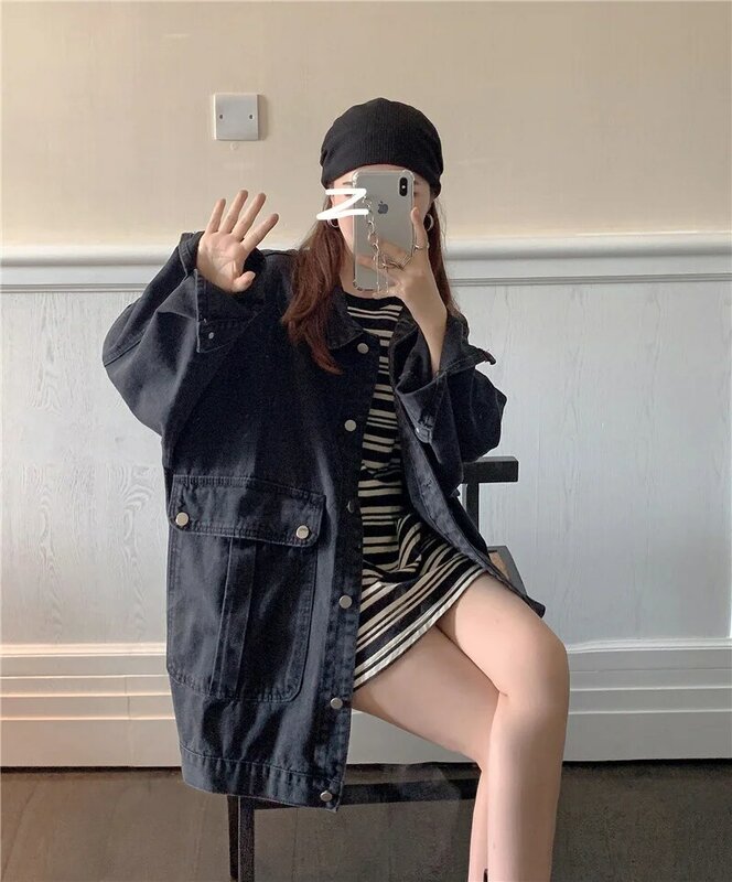 Куртка женская джинсовая средней длины, модный топ свободного покроя в Корейском стиле, большой размер, весна-осень 2021