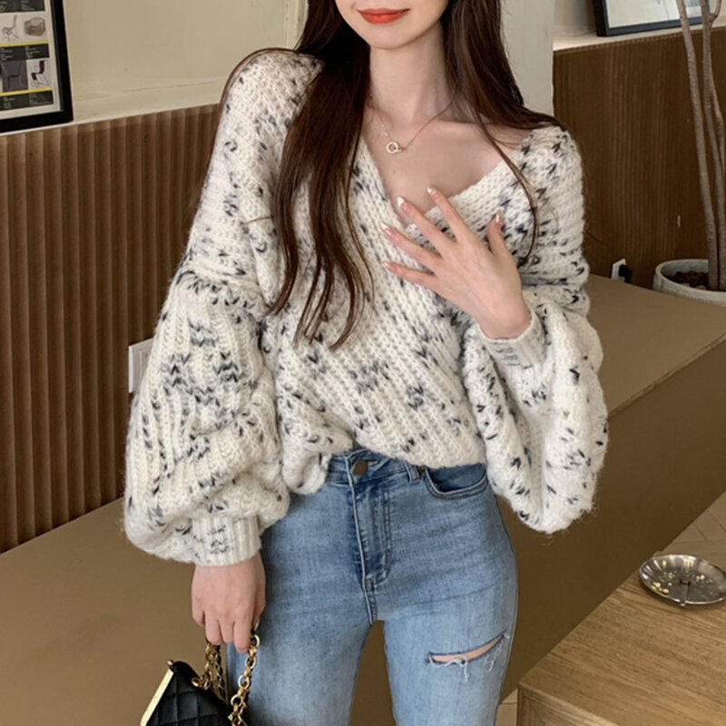 Kaschmir Pullover Frauen Koreanische Mode Nähen Farbe Tiefem V-ausschnitt Lose Faul Stil Langarm Pullover Gestrickte Top Modische