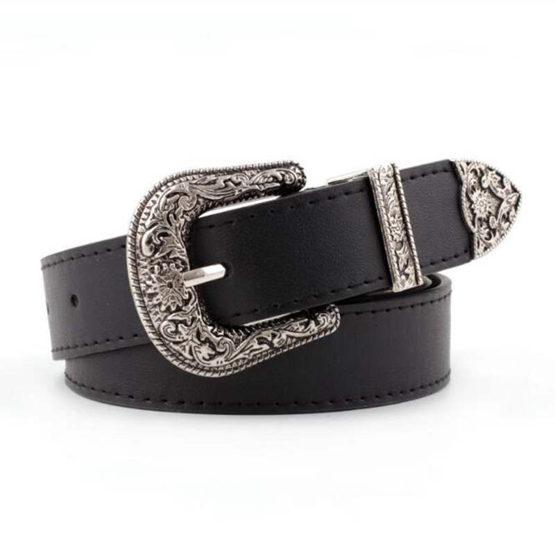 Cinturón de cuero negro para mujer, cinturón con hebilla de corazón de Metal, estilo Vintage, tallado occidental