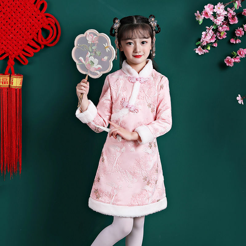 Gaun Tahun Baru Cina Anak Perempuan Gaun Cosplay Tebal Musim Dingin Cheongsam Floral Bordir Setelan Tang Anak-anak Antik Natal Gaun