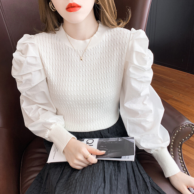 2021autumn New Bubble Long Sleeve Slim-Fit Woolen Sweater Women's round Neck Slimming Bottoming Top