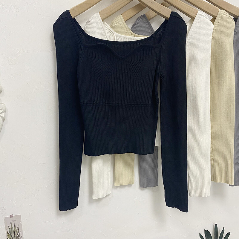 Dzianinowe krótkie bluzki jesienno-zimowa 2021 moda kwadratowy kołnierzyk gruby damski sweter znosić koreańska, czarna szara biały beż