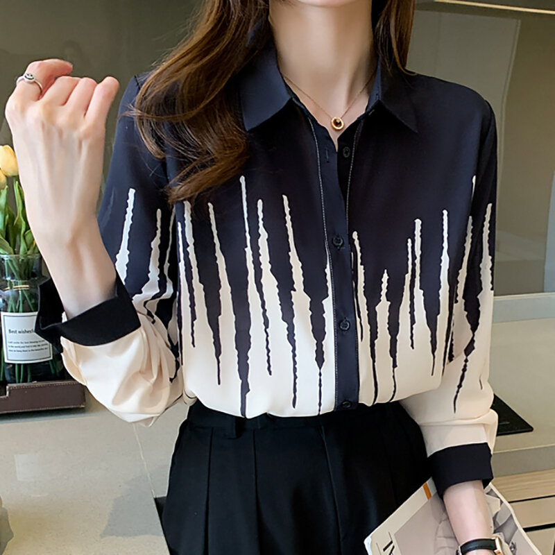Camisas Vintage De gasa para Mujer, camisa a rayas De manga larga para oficina, blusas coreanas, Otoño, 2022