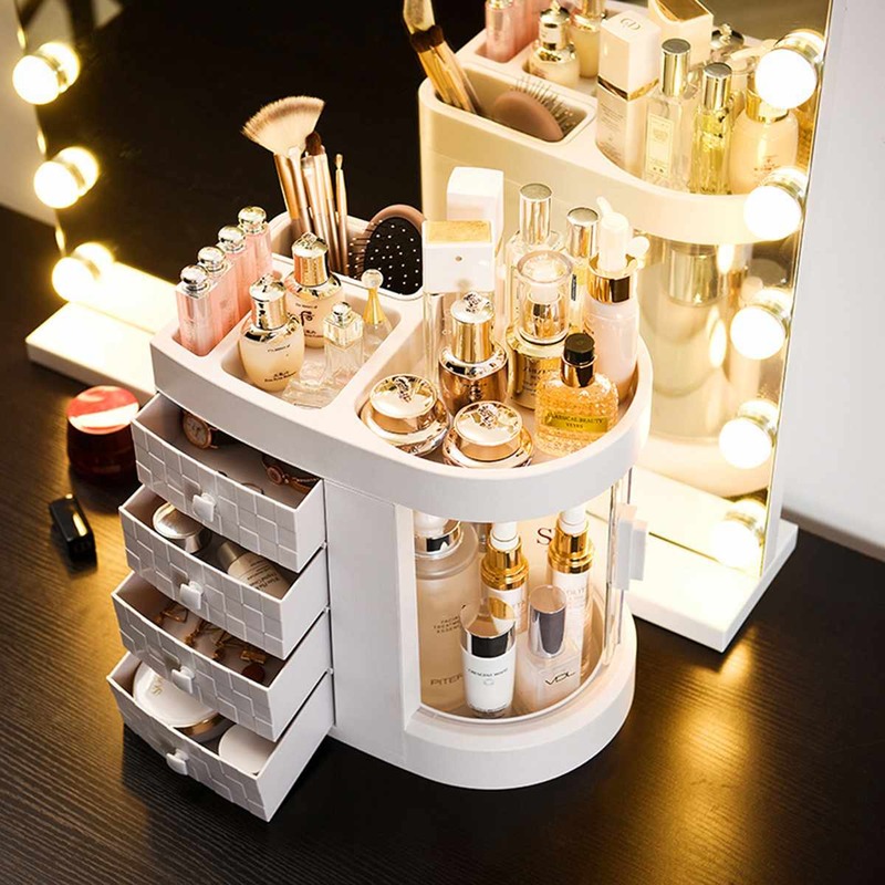 Tocador con 4 cajones para maquillaje, caja de almacenamiento con rotación transparente, organizador de lápiz labial, para brochas cosméticas, joyería