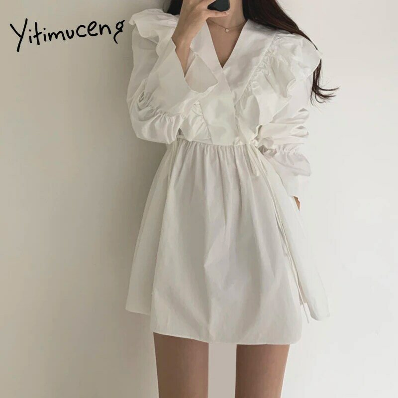 Yitimuceng babados vestidos para mulheres cintura alta a linha marrom branco preto 2021 primavera verão coreano moda novo vestido elegante