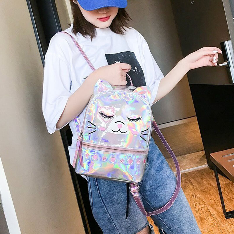 Cute Cat Mochila Mujer Laser Holographic Backpack Women Small Mini Backpack For Girls School Backpack PU Travel Bags