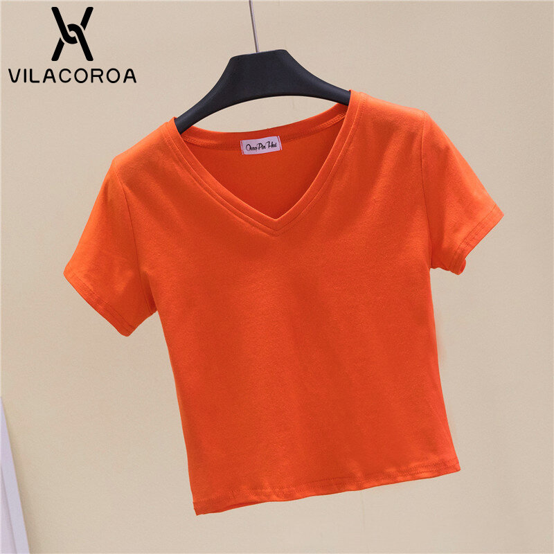 Кроп-Топ женский с V-образным вырезом, базовая однотонная хлопковая простая футболка с коротким рукавом, облегающий Повседневный Топ, лето 2021