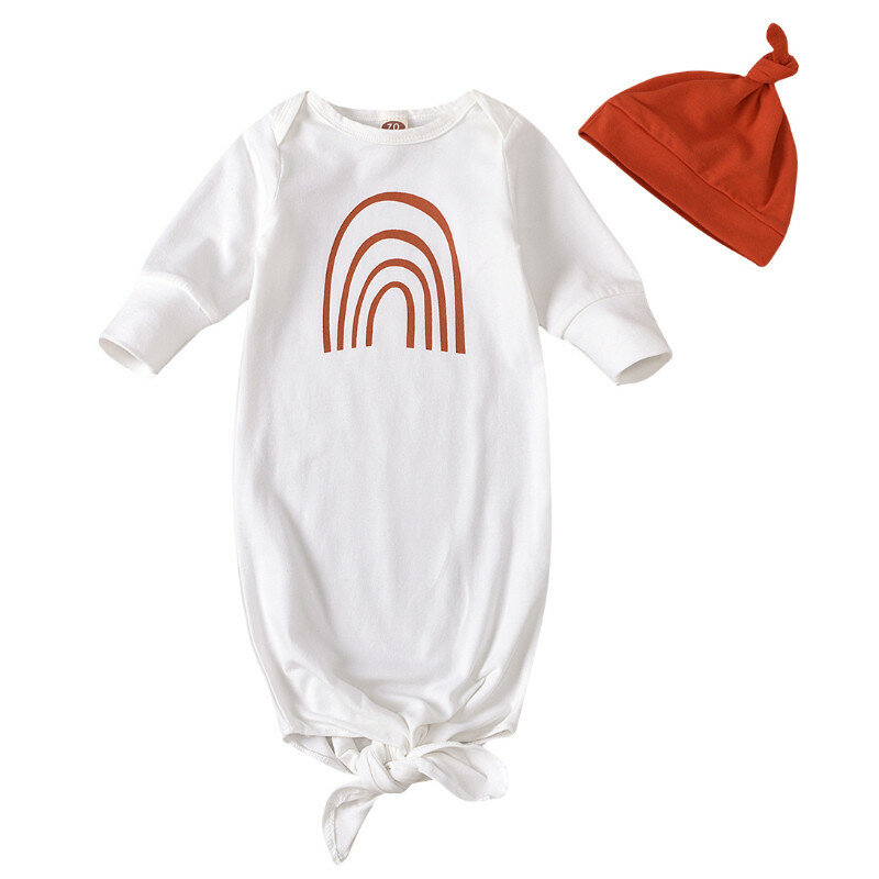 Zestaw śpiwór dla niemowląt, wiosna jesień dziewczynek chłopców tęcza w stylu kreskówki drukowanie becik + jednolity kolor okrągły kapelusz zestaw