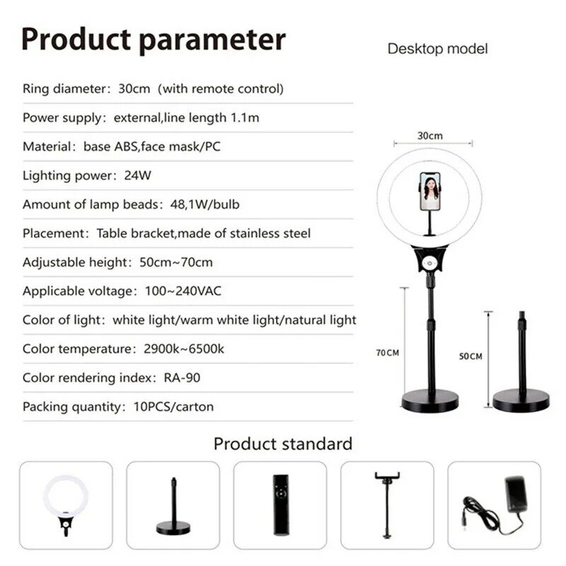 調整可能な三脚と電話ホルダー付きのセルフィー用LEDリング,12インチ/30cm,写真撮影用,ライブビデオ