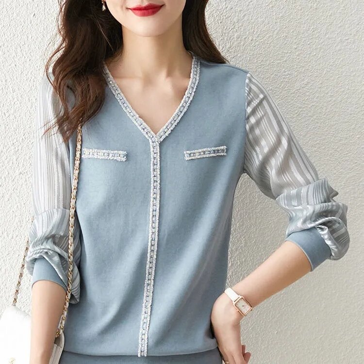 Blusa de seda con manga larga para otoño, Camisa de gasa de dos piezas con costuras falsas para mujer, cuello redondo Regular, 2021