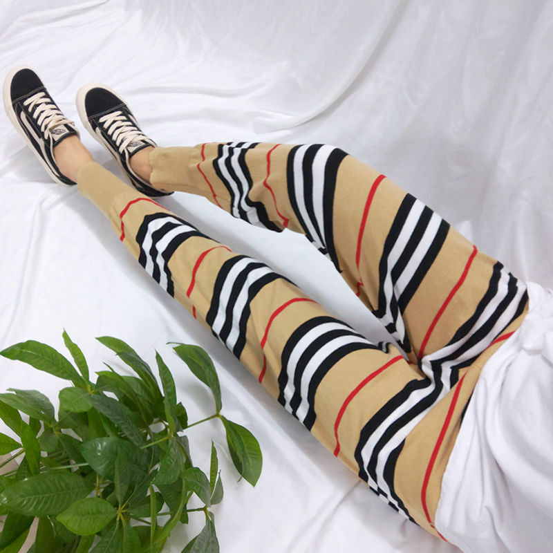 British Style Khaki Harem Pants Women's Korean-Style Striped Knitted Casual High Waist Capri-Pants Beam Feet Loose Sports