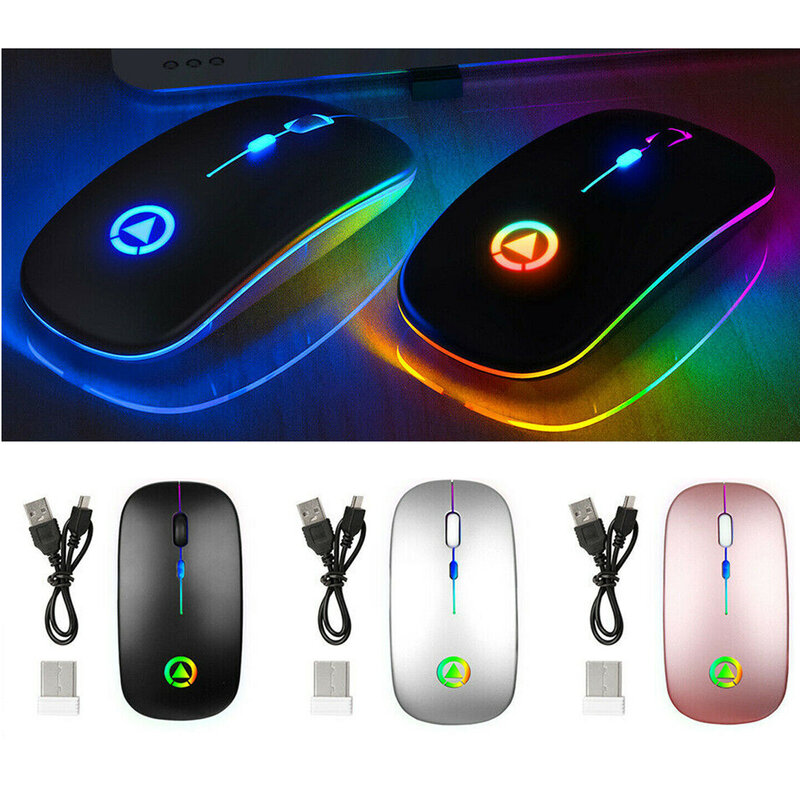 Światła LED mysz bezprzewodowa na akumulator 2.4GHz wyciszone USB optyczna ergonomiczna myszka do gier dla Laptop Pc