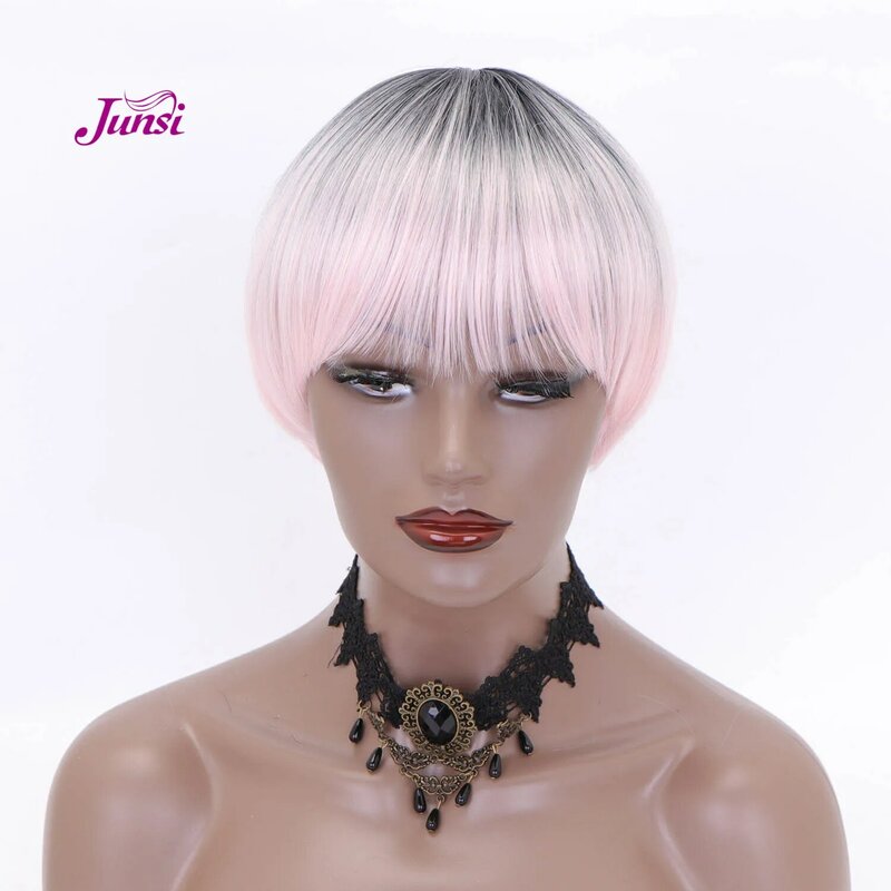 JUNSI krótkie proste włosy czarne różowe ciemnozielone fryzura Pixie peruki dla czarnych kobiet peruka do Cosplay