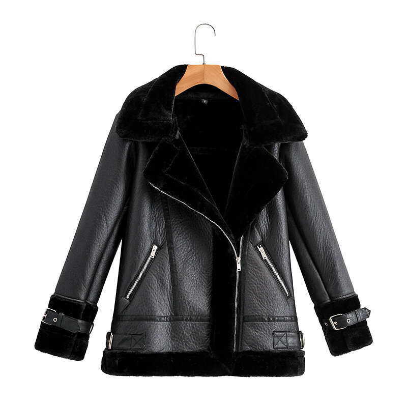 Ailegogo outono casaco de inverno das mulheres do plutônio do falso couro macio preto branco casaco de pele carneiro feminino aviador outwear casaco feminino