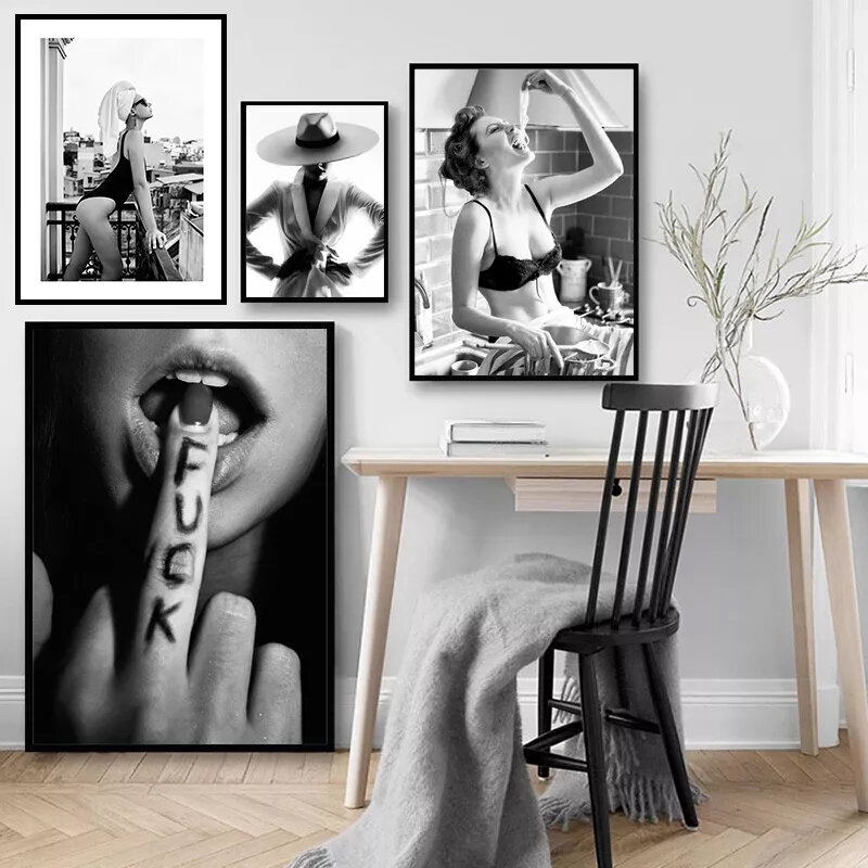 Black and White Photography Poster Wall Art Canvas Painting Fashion Lady Figure Prints Nordic Dormitory Picture for Home Decor