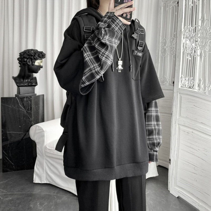 Y2K-빈티지 스트릿웨어 오버사이즈 후드티 여성용, 펑크 긴 소매 풀오버, 한국 스타일, 스트릿웨어 스웨트 셔츠, 격자 무늬, 스플라이스