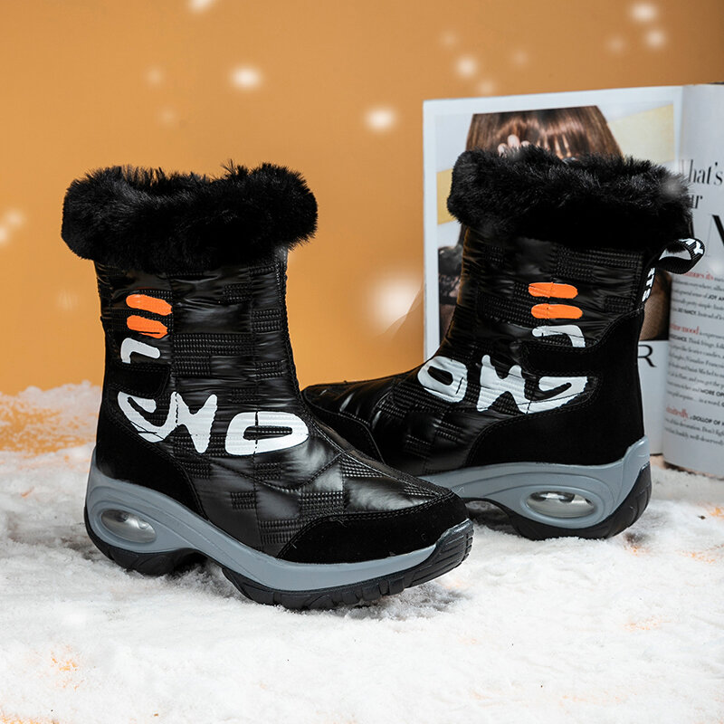 Botas de nieve cálidas de felpa para mujer, botines de media caña con plataforma y cordones, impermeables, para invierno