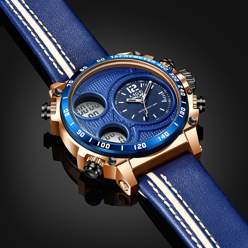 LIGE Männer Uhren Top-marke Luxus LED Sport Wasserdichte Chronograph Mode Dual Display Leder Leuchtende Military Uhr Für Männer