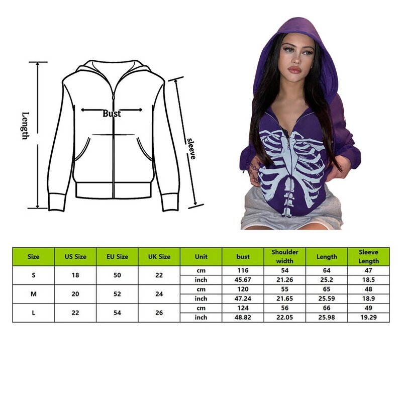 Y2k esqueleto estético zip up hoodie 90s vintage gráfico impresso fecho de correr superior 2021 e-girl sweatshirts primavera outono