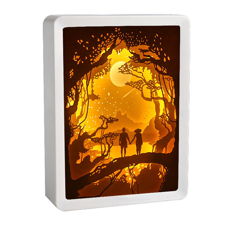 Caja de sombra de luz nocturna con grabado en papel, esculturas de papel, lámpara de mesa LED decorativa de escritorio para dormitorio de niños