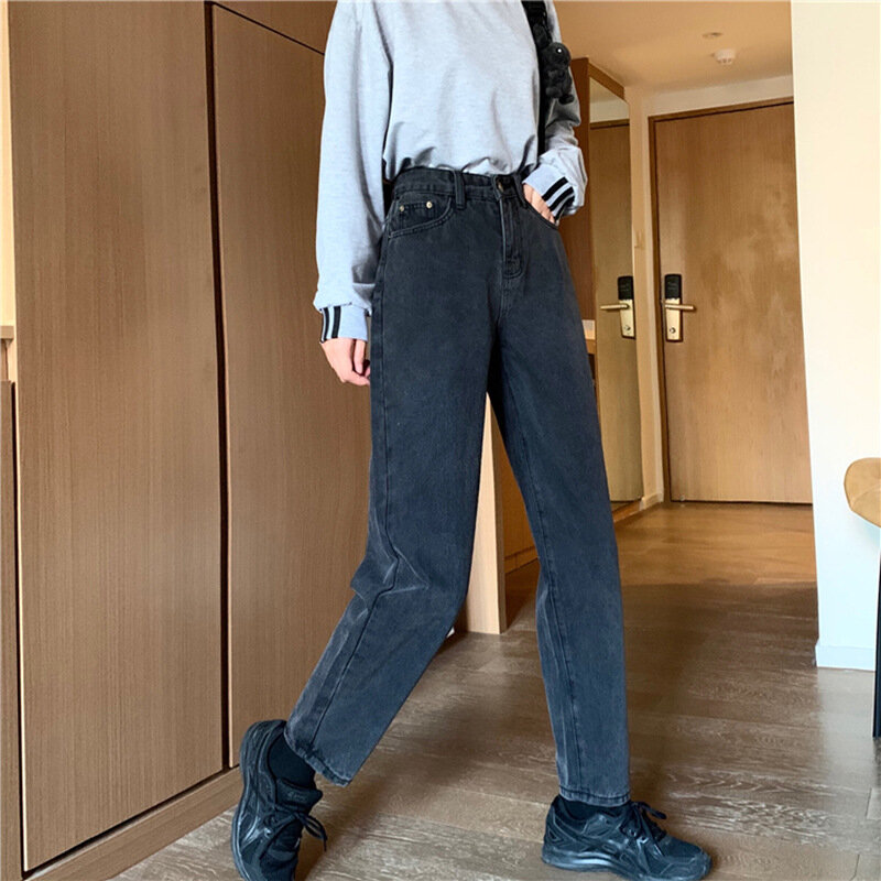 Musim Semi/Musim Panas 2021 Mode 9-Point Jeans Lurus Ukuran Wanita Gaya Hong Kong Pinggang Tinggi Ramping Lemak Mm Longgar Celana Joker Mengenai