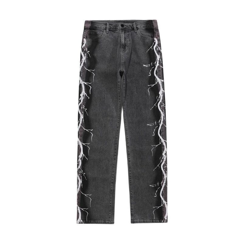 2021 Stylish Side Lightning Print Punk Vintage Men Oversize Jeans Trousers Distressed Hip Hop Straight Casual Baggy Denim Pants