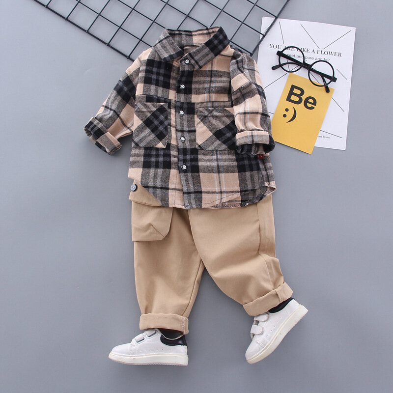 Para meninos roupas na moda terno das crianças meninos estilo coreano estrangeiro bonito camisa do bebê masculino primavera e outono xadrez