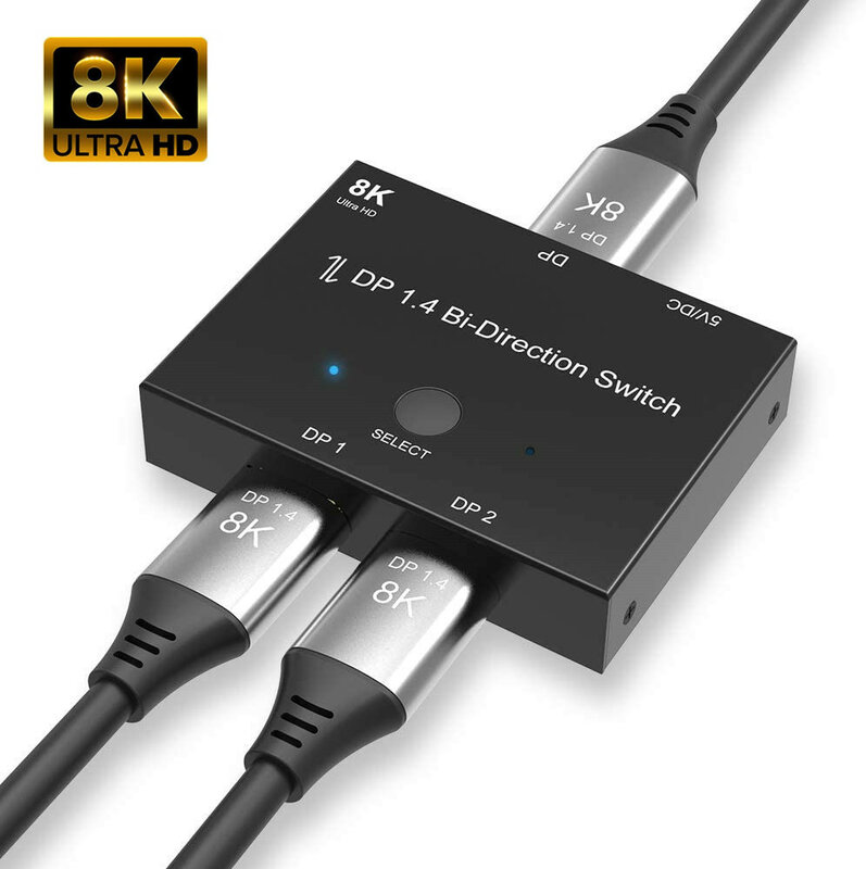 DisplayPort 1.4 Bi-direction Répartiteur 1X2 ou 2x1 DP 1.4 KVM 8K @ 30Hz 4 K @ 144Hz pour des Sources Multiples et affiche commutateur