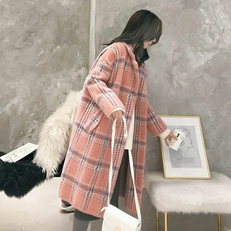 Średniej długości imitacja norki aksamitny płaszcz na jesień/zimę 2021 nowa wersja koreańska luźny, gruby wełniany sweter w kratę kurtka damska