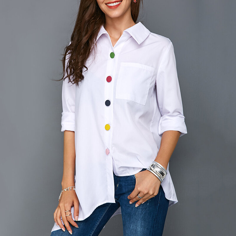 Camicie lunghe da donna con orlo irregolare autunnale camicia da donna a maniche lunghe con bottoni colorati bianchi 2021 top da donna primavera FashionOffice